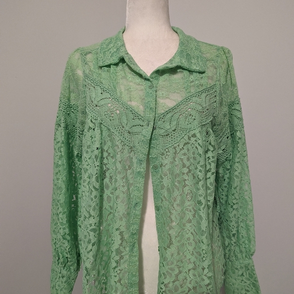 Free People Top Melona Green Out West Lace Button Up Blouse Size XS NWT Oversize - Picture 4 of 16
